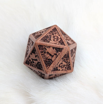 Rose Wood D20 – Large 1.25" Wooden Die with Rose Vines & Blossoms Dice sets Fennek and Finch