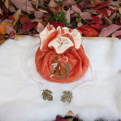 Fox Plush Dice Bag - Deep Red-Orange & Cream Drawstring Pouch with Embroidered Fox Fennek and Finch