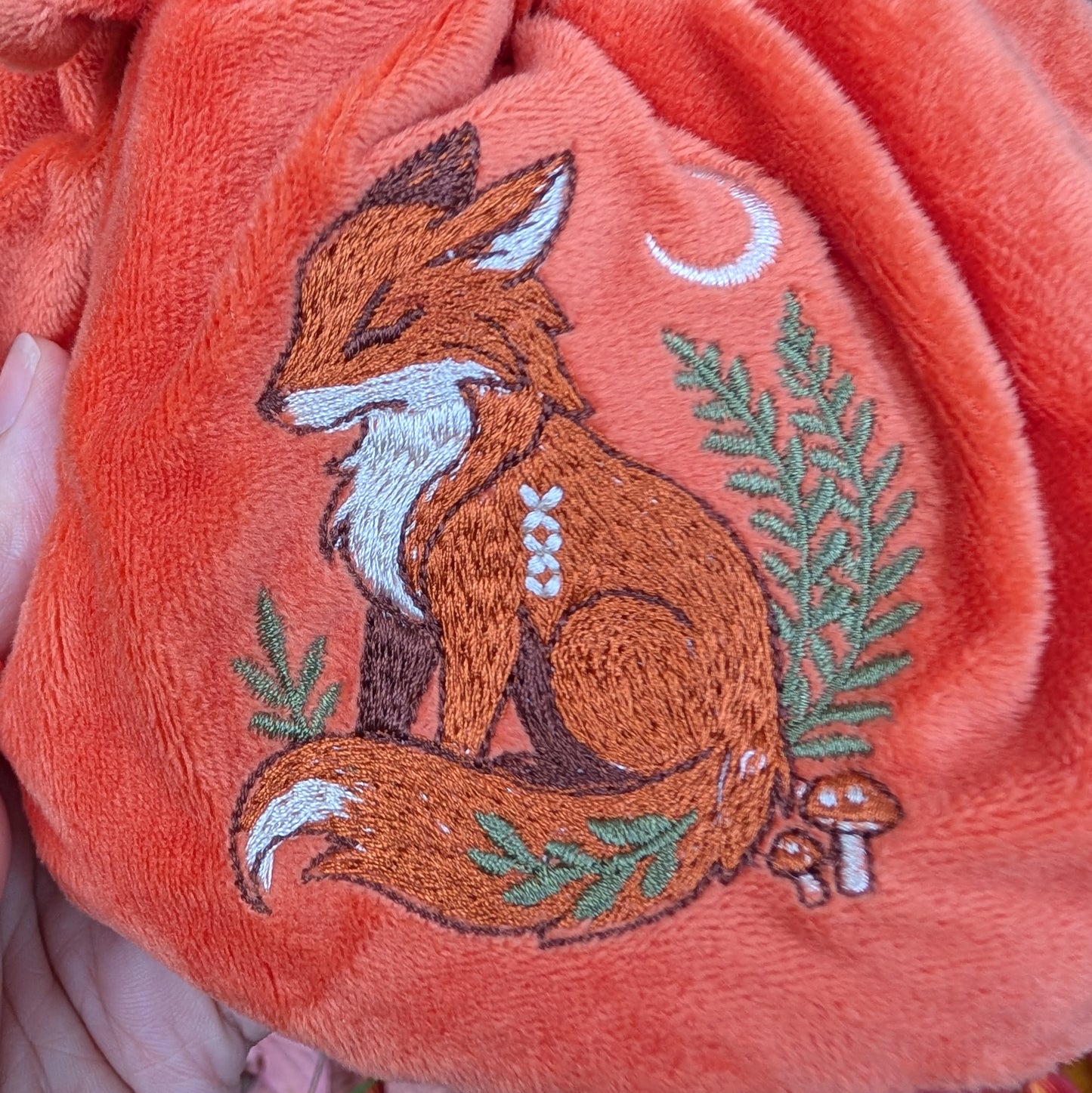 Fox Plush Dice Bag - Deep Red-Orange & Cream Drawstring Pouch with Embroidered Fox Fennek and Finch