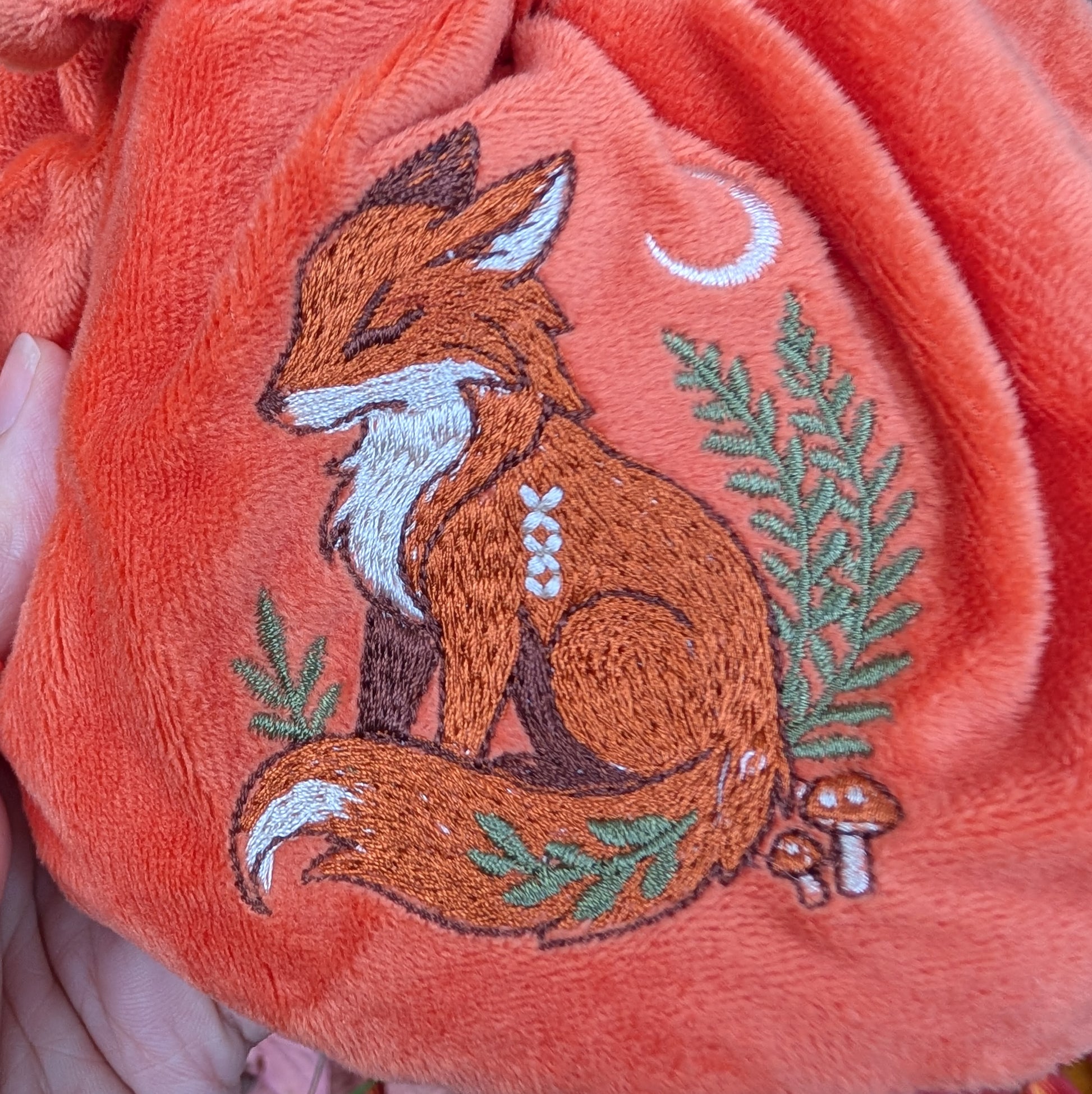 Fox Plush Dice Bag - Deep Red-Orange & Cream Drawstring Pouch with Embroidered Fox Fennek and Finch