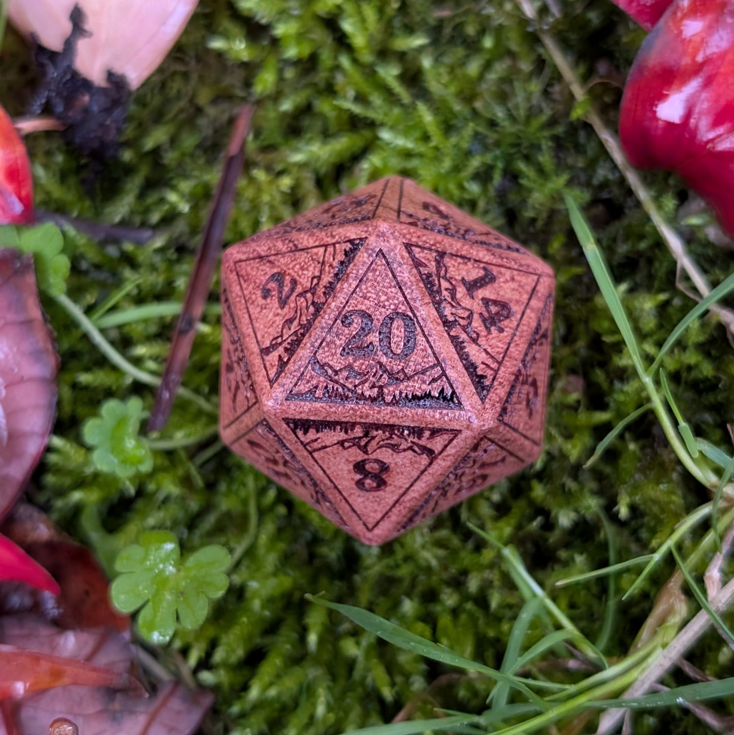 Everwild D20 – Large 1.25" Wooden Die with Mountains and Forest Engravings Dice sets Fennek and Finch