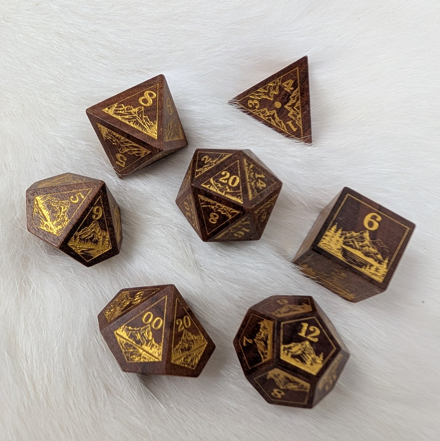 Everwild Rosewood Dice Set – Mountains & Forest Engravings with Gold Paint Fill (7-Piece) Dice Sets & Games Fennek and Finch