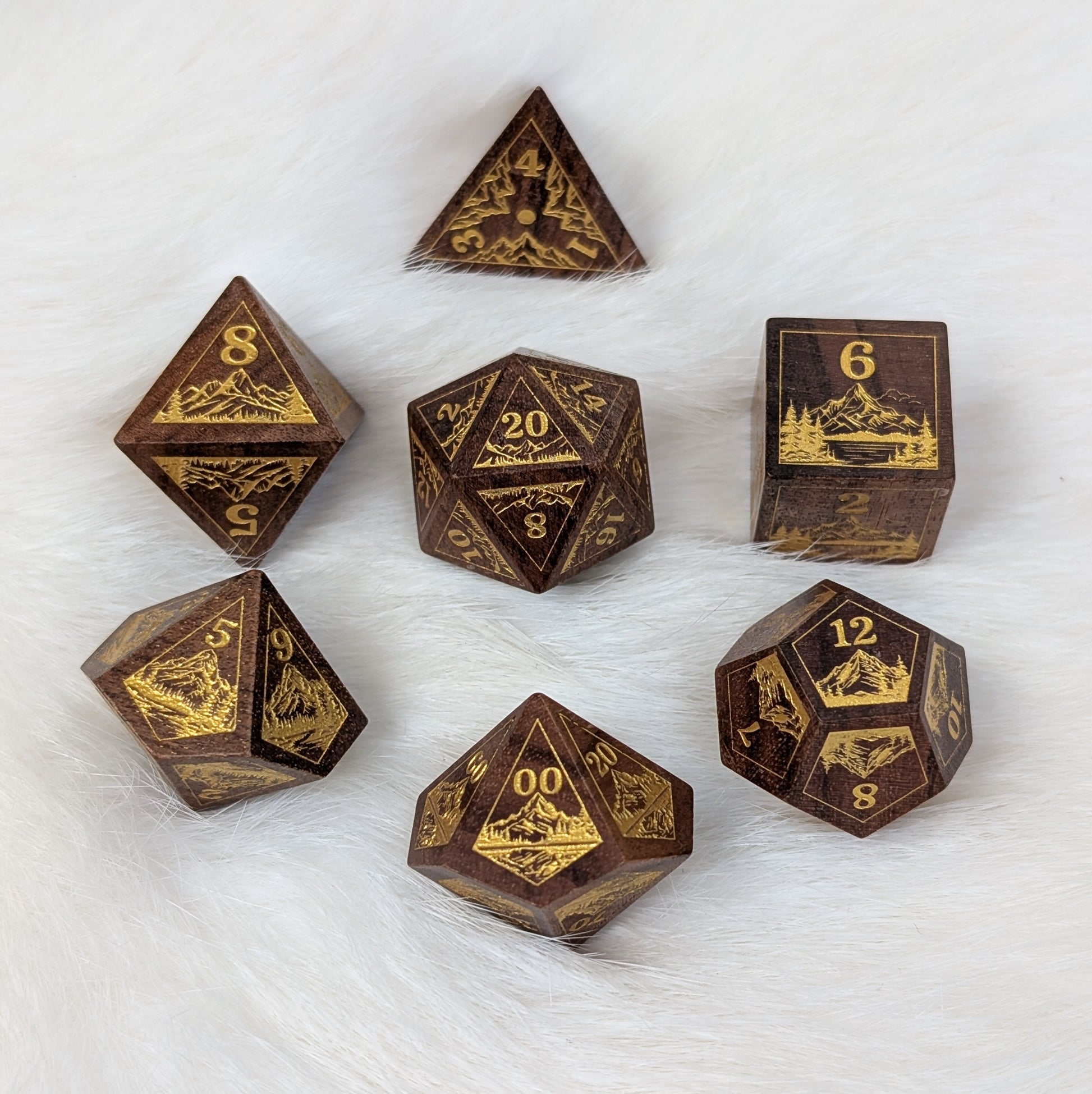 Everwild Rosewood Dice Set – Mountains & Forest Engravings with Gold Paint Fill (7-Piece) Dice Sets & Games Fennek and Finch