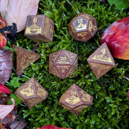 Everwild Rosewood Dice Set – Mountains & Forest Engravings with Gold Paint Fill (7-Piece) Dice Sets & Games Fennek and Finch