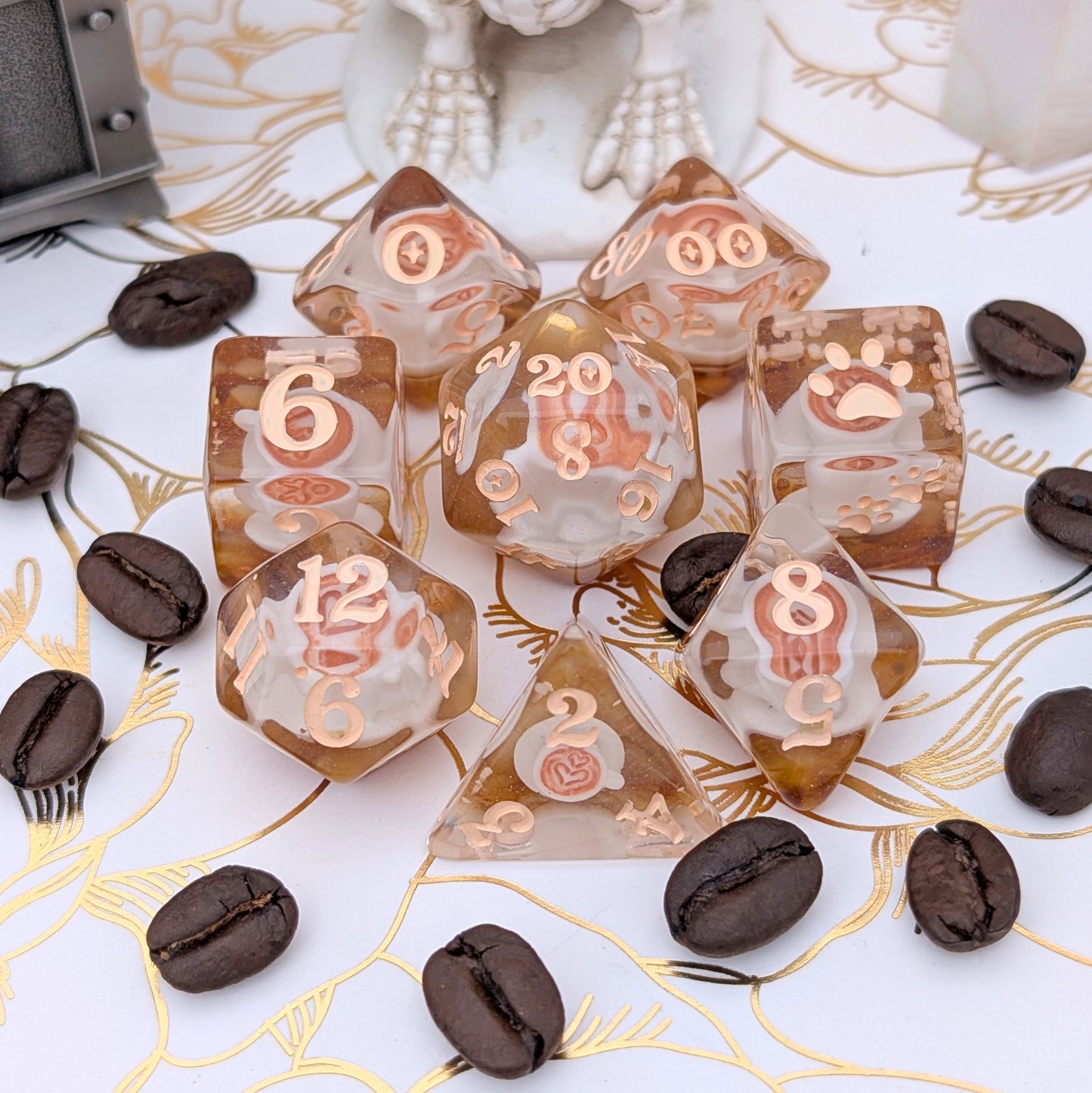 Coffee Cup Dice Set – 8pc Resin Dice with Tiny Cup & Saucer Latte Art Dice sets Fennek and Finch