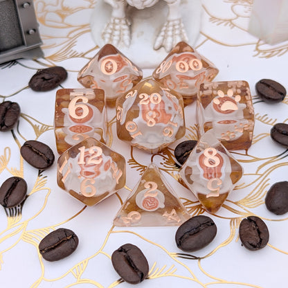 Coffee Cup Dice Set – 8pc Resin Dice with Tiny Cup & Saucer Latte Art Dice sets Fennek and Finch