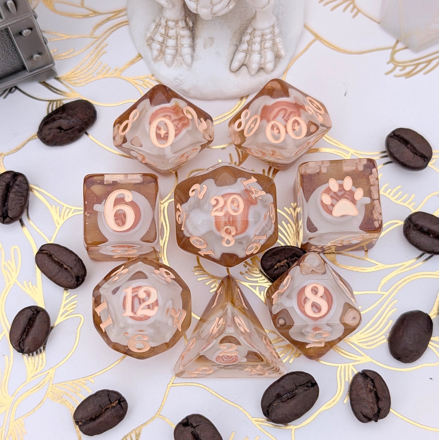 Coffee Cup Dice Set – 8pc Resin Dice with Tiny Cup & Saucer Latte Art Dice sets Fennek and Finch