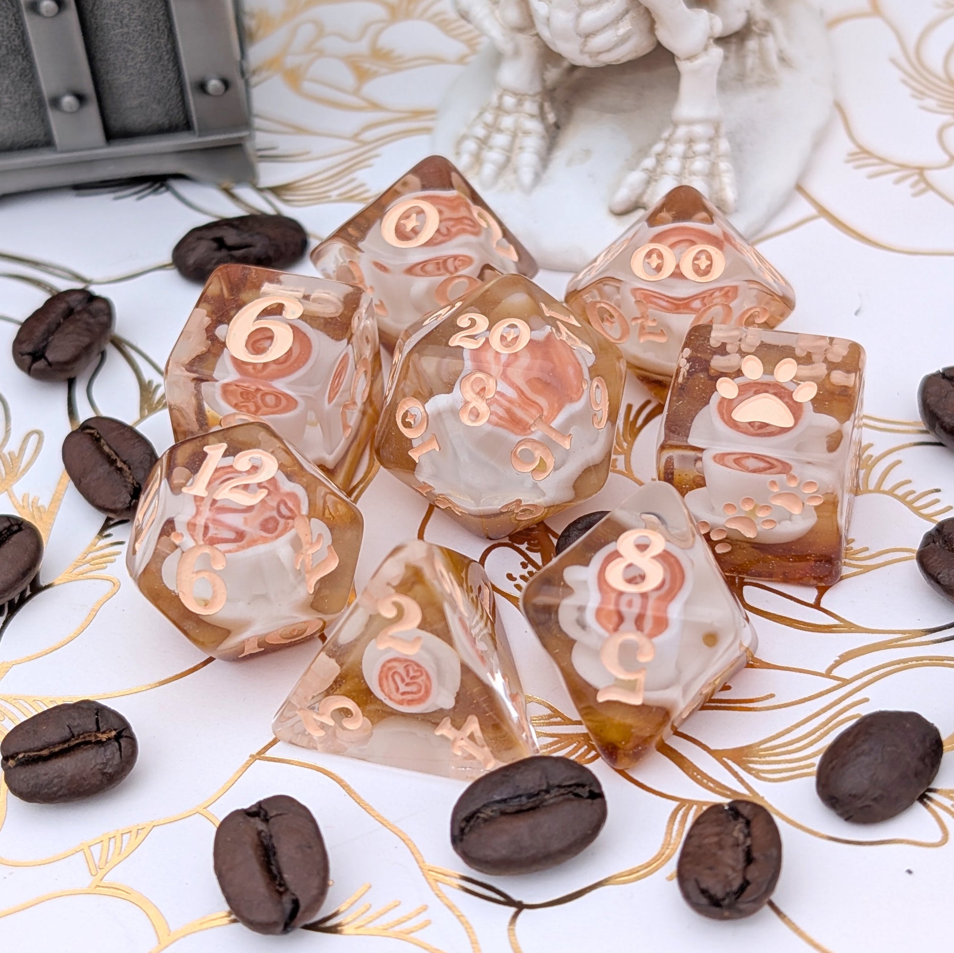 Coffee Cup Dice Set – 8pc Resin Dice with Tiny Cup & Saucer Latte Art Dice sets Fennek and Finch
