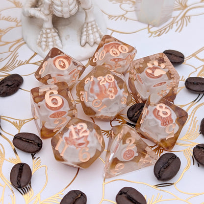 Coffee Cup Dice Set – 8pc Resin Dice with Tiny Cup & Saucer Latte Art Dice sets Fennek and Finch