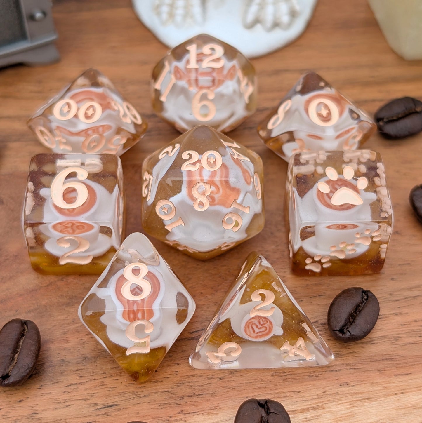 Coffee Cup Dice Set – 8pc Resin Dice with Tiny Cup & Saucer Latte Art Dice sets Fennek and Finch