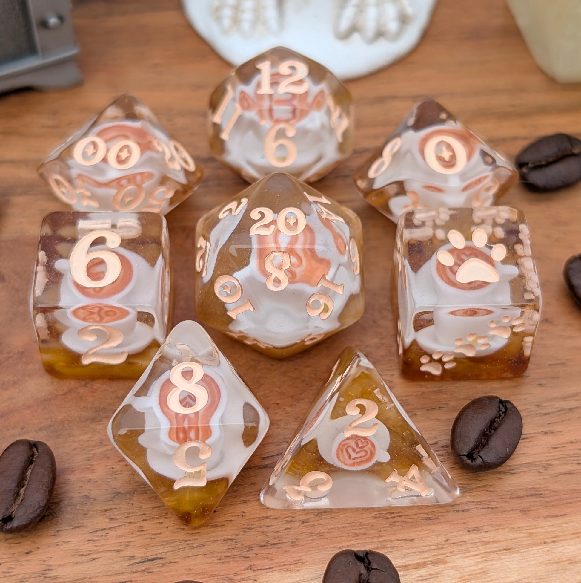 Coffee Cup Dice Set – 8pc Resin Dice with Tiny Cup & Saucer Latte Art Dice sets Fennek and Finch