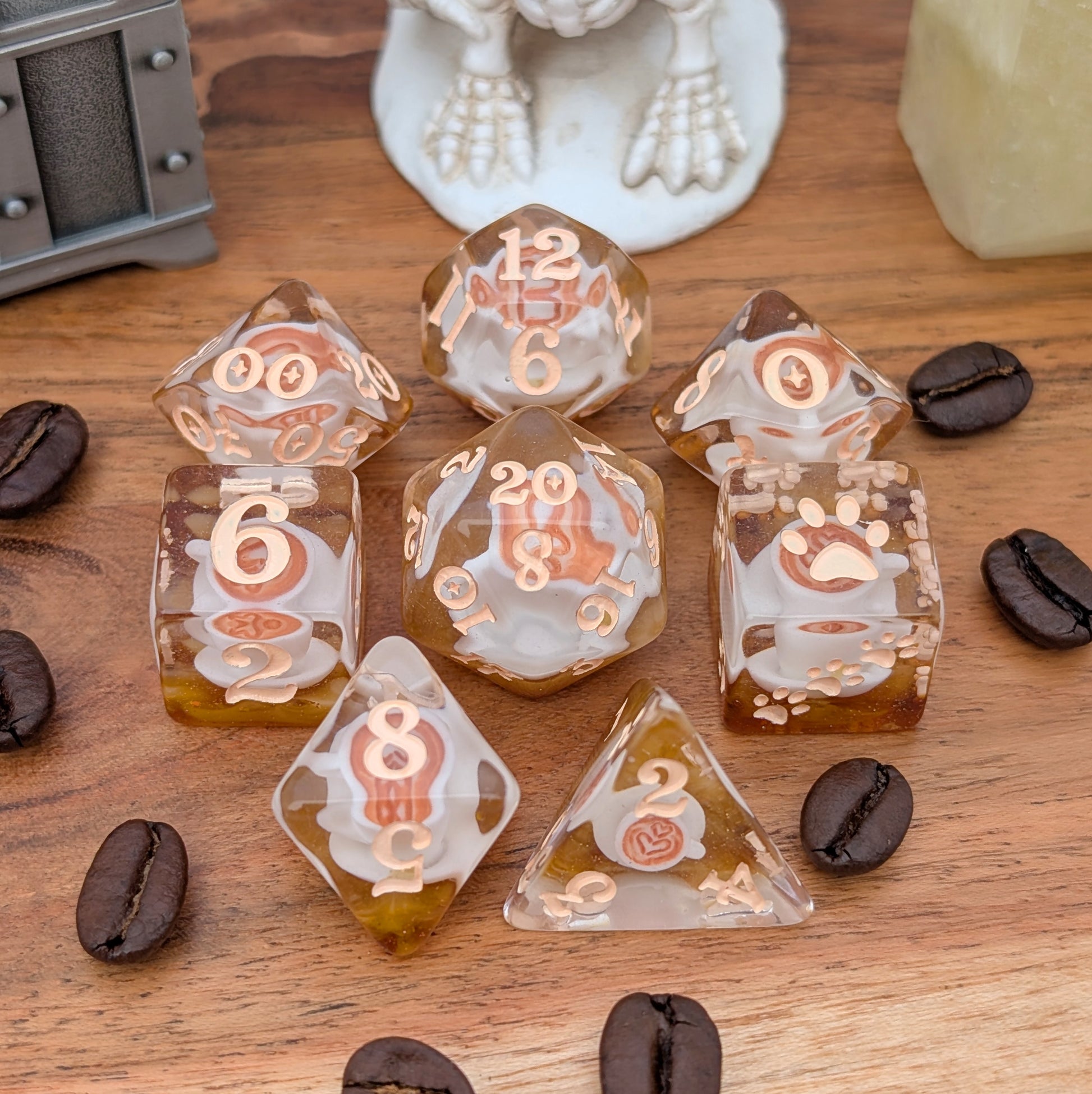 Coffee Cup Dice Set – 8pc Resin Dice with Tiny Cup & Saucer Latte Art Dice sets Fennek and Finch