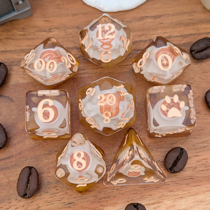 Coffee Cup Dice Set – 8pc Resin Dice with Tiny Cup & Saucer Latte Art Dice sets Fennek and Finch