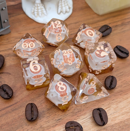 Coffee Cup Dice Set – 8pc Resin Dice with Tiny Cup & Saucer Latte Art Dice sets Fennek and Finch