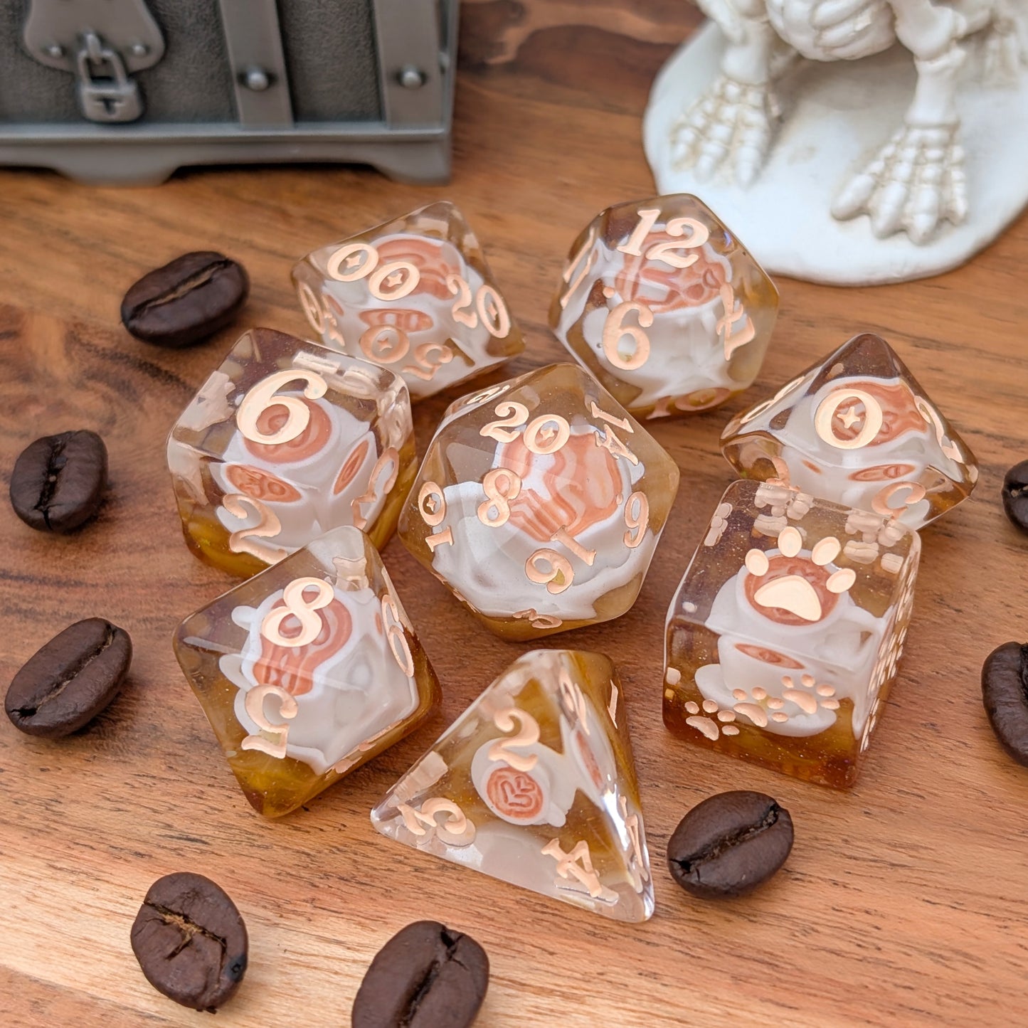 Coffee Cup Dice Set – 8pc Resin Dice with Tiny Cup & Saucer Latte Art Dice sets Fennek and Finch