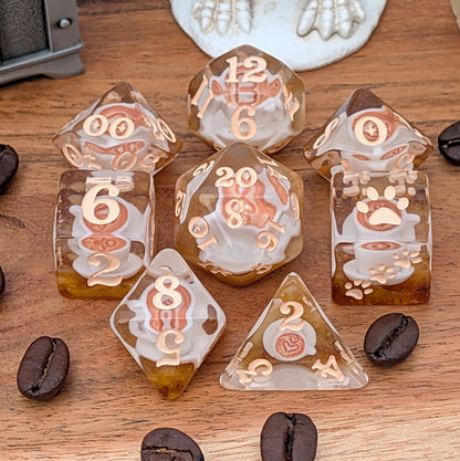 Coffee Cup Dice Set – 8pc Resin Dice with Tiny Cup & Saucer Latte Art Dice sets Fennek and Finch