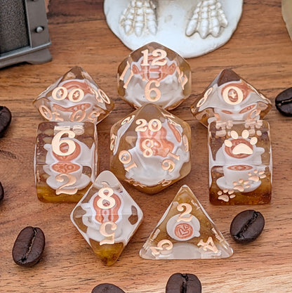 Coffee Cup Dice Set – 8pc Resin Dice with Tiny Cup & Saucer Latte Art Dice sets Fennek and Finch