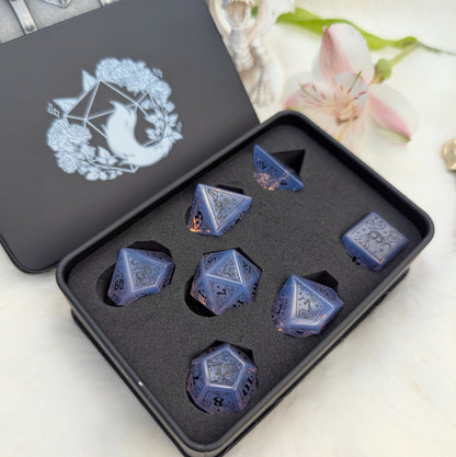 Dreamy Purple Opalite Dice Set – Gemstone DnD Dice with Black Font | Fennek & Finch