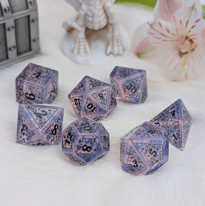 Dreamy Purple Opalite Dice Set – Gemstone DnD Dice with Black Font | Fennek & Finch