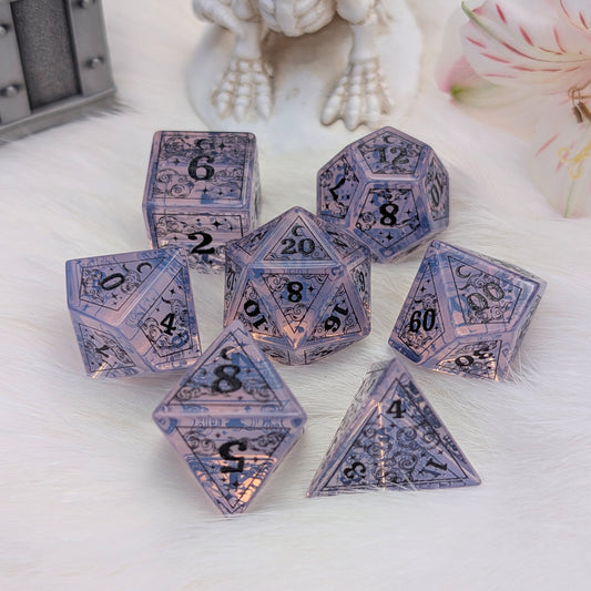 Dreamy Purple Opalite Dice Set – Gemstone DnD Dice with Black Font | Fennek & Finch