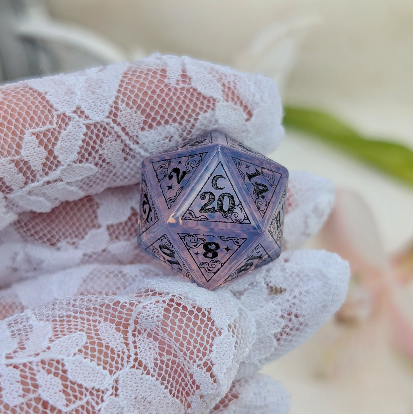 Dreamy Purple Opalite Dice Set – Gemstone DnD Dice with Black Font | Fennek & Finch