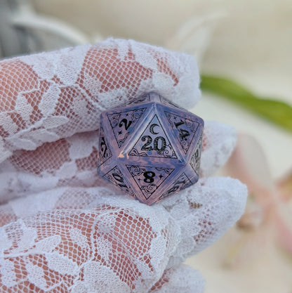 Dreamy Purple Opalite Dice Set – Gemstone DnD Dice with Black Font | Fennek & Finch