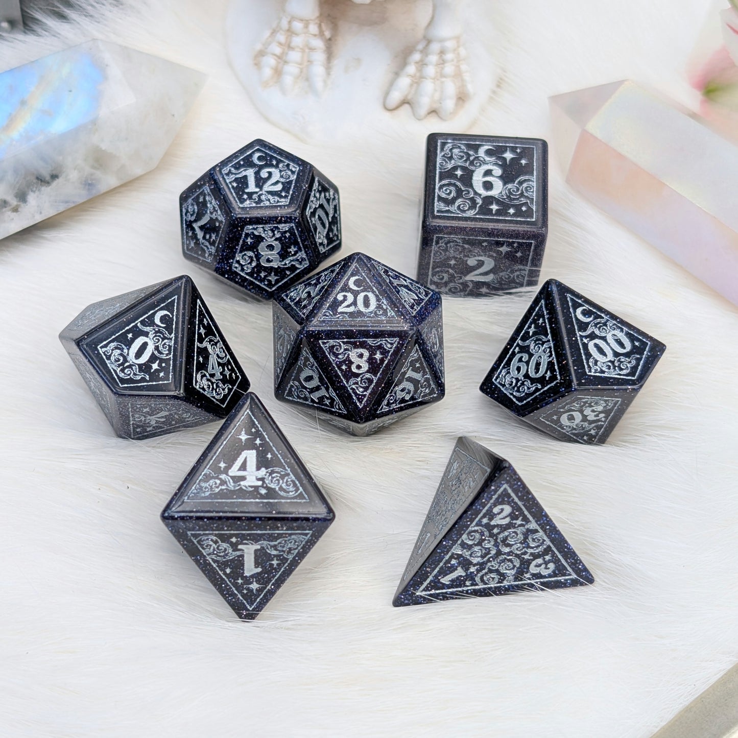 Dreamy Blue Goldstone with Silver Dice Set – 7-Piece Gemstone DnD Dice with Silver Celestial Symbols | Fennek & Finch