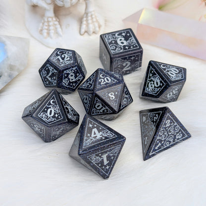 Dreamy Blue Goldstone with Silver Dice Set – 7-Piece Gemstone DnD Dice with Silver Celestial Symbols | Fennek & Finch