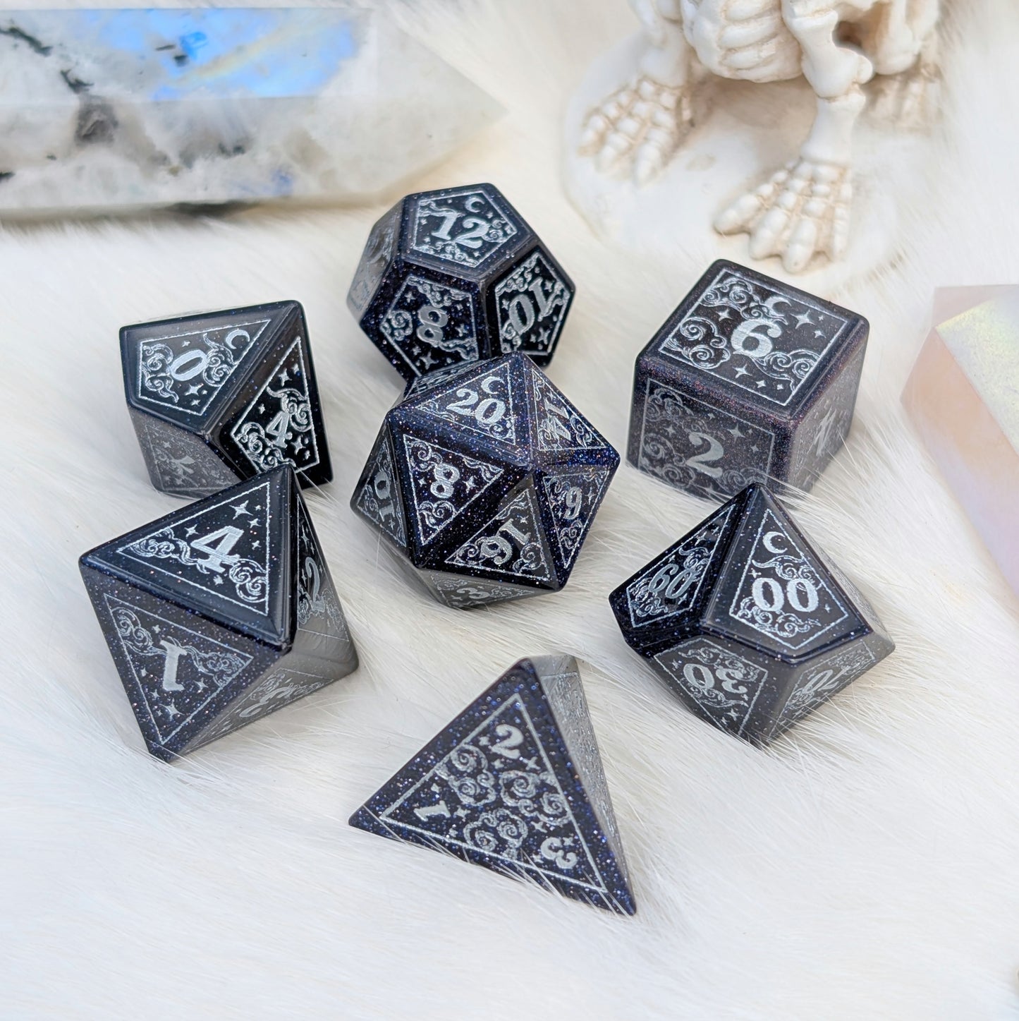 Dreamy Blue Goldstone with Silver Dice Set – 7-Piece Gemstone DnD Dice with Silver Celestial Symbols | Fennek & Finch