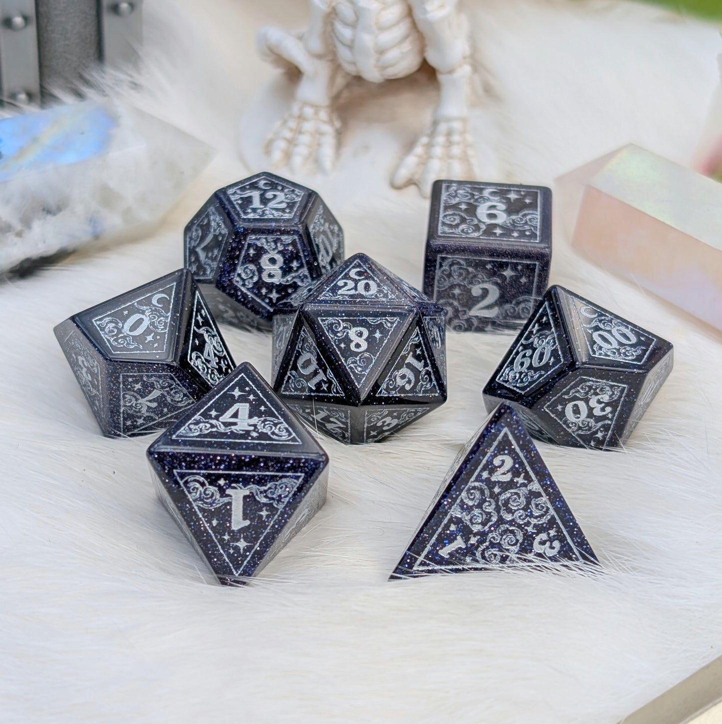 Dreamy Blue Goldstone with Silver Dice Set – 7-Piece Gemstone DnD Dice with Silver Celestial Symbols | Fennek & Finch