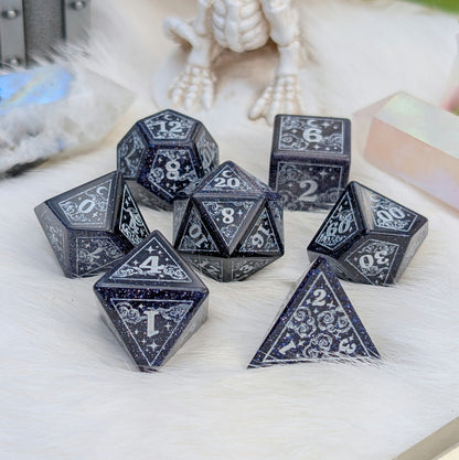 Dreamy Blue Goldstone with Silver Dice Set – 7-Piece Gemstone DnD Dice with Silver Celestial Symbols | Fennek & Finch