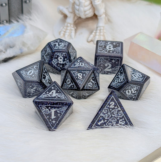 Dreamy Blue Goldstone with Silver Dice Set – 7-Piece Gemstone DnD Dice with Silver Celestial Symbols | Fennek & Finch