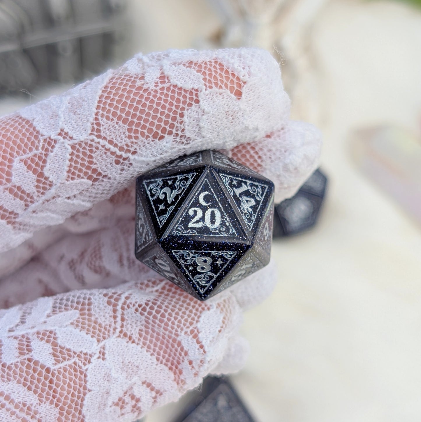 Dreamy Blue Goldstone with Silver Dice Set – 7-Piece Gemstone DnD Dice with Silver Celestial Symbols | Fennek & Finch
