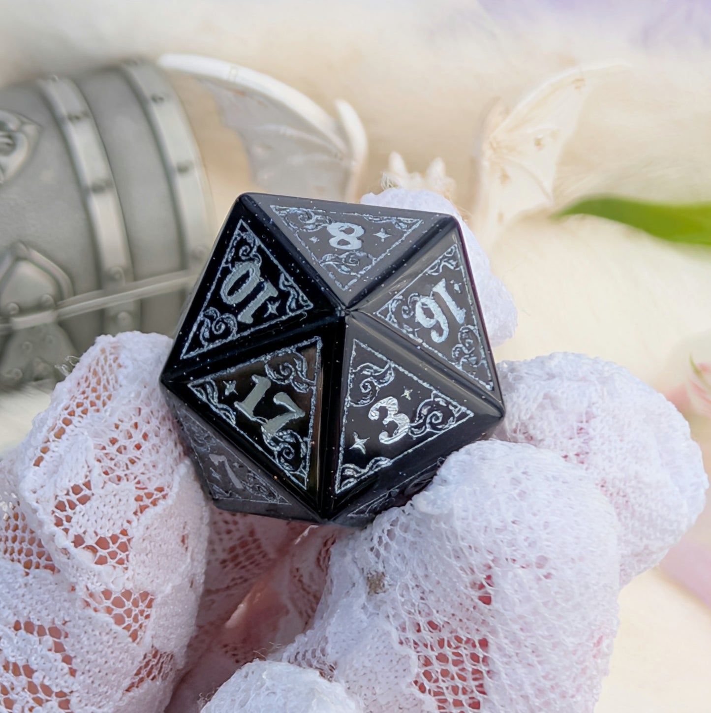 Dreamy Blue Goldstone with Silver Dice Set – 7-Piece Gemstone DnD Dice with Silver Celestial Symbols | Fennek & Finch