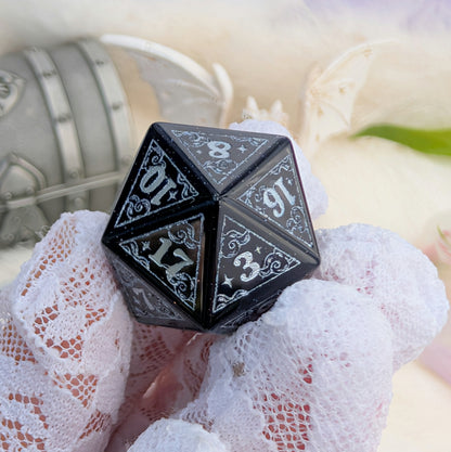 Dreamy Blue Goldstone with Silver Dice Set – 7-Piece Gemstone DnD Dice with Silver Celestial Symbols | Fennek & Finch