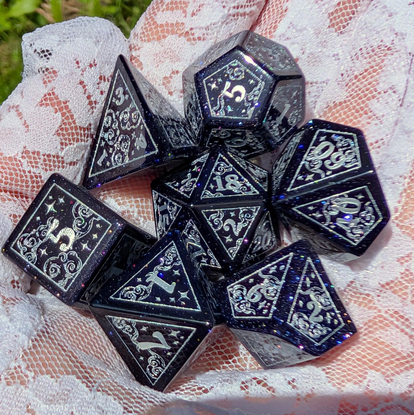 Dreamy Blue Goldstone with Silver Dice Set – 7-Piece Gemstone DnD Dice with Silver Celestial Symbols | Fennek & Finch
