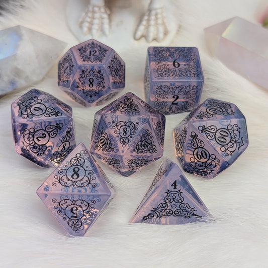 Garden Gate Purple Opalite Gemstone DnD Dice with Black Font | Fennek & Finch