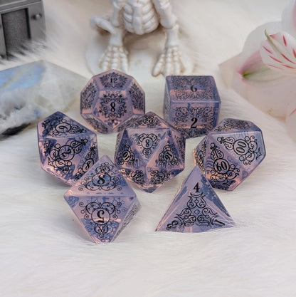 Garden Gate Purple Opalite Gemstone DnD Dice with Black Font | Fennek & Finch