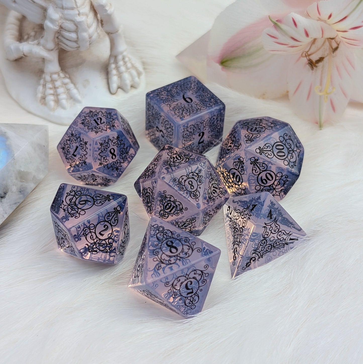 Garden Gate Purple Opalite Gemstone DnD Dice with Black Font | Fennek & Finch
