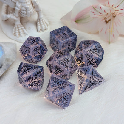 Garden Gate Purple Opalite Gemstone DnD Dice with Black Font | Fennek & Finch
