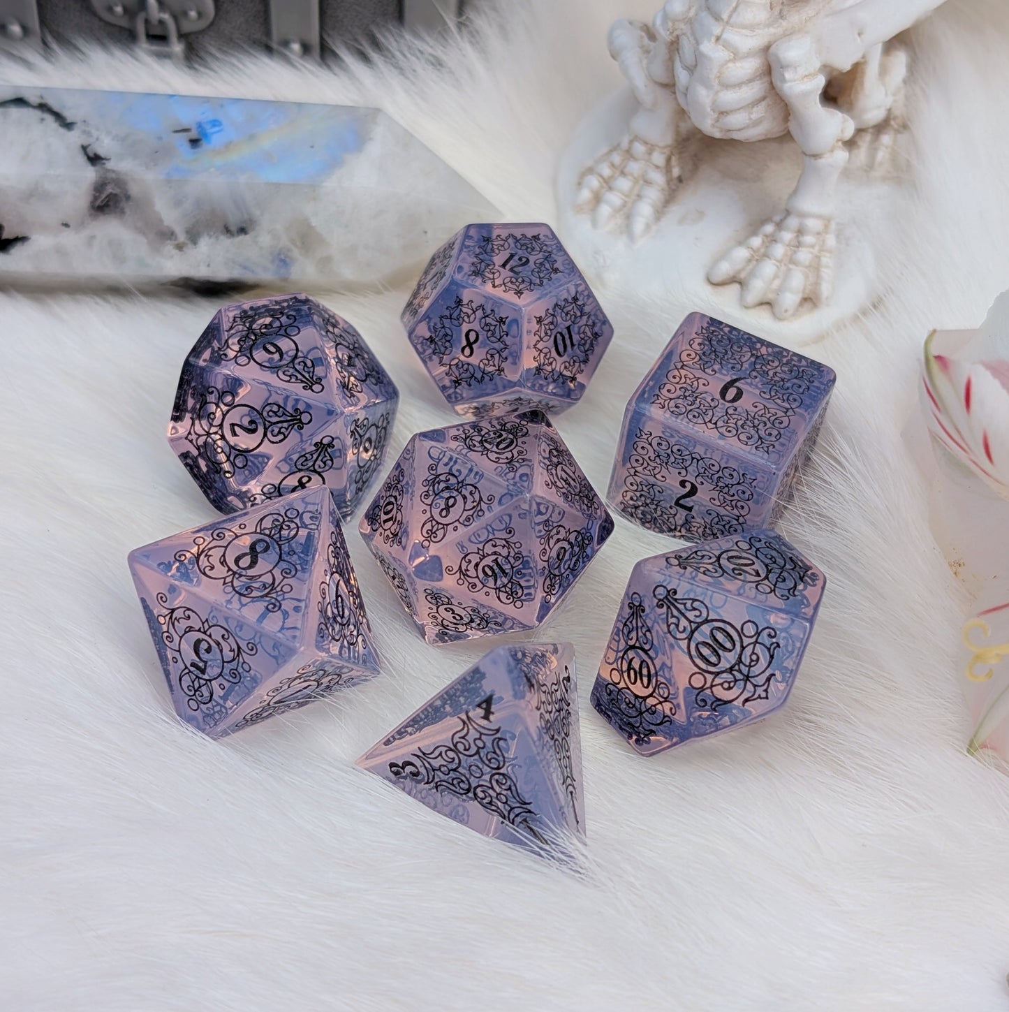 Garden Gate Purple Opalite Gemstone DnD Dice with Black Font | Fennek & Finch