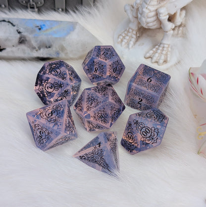 Garden Gate Purple Opalite Gemstone DnD Dice with Black Font | Fennek & Finch