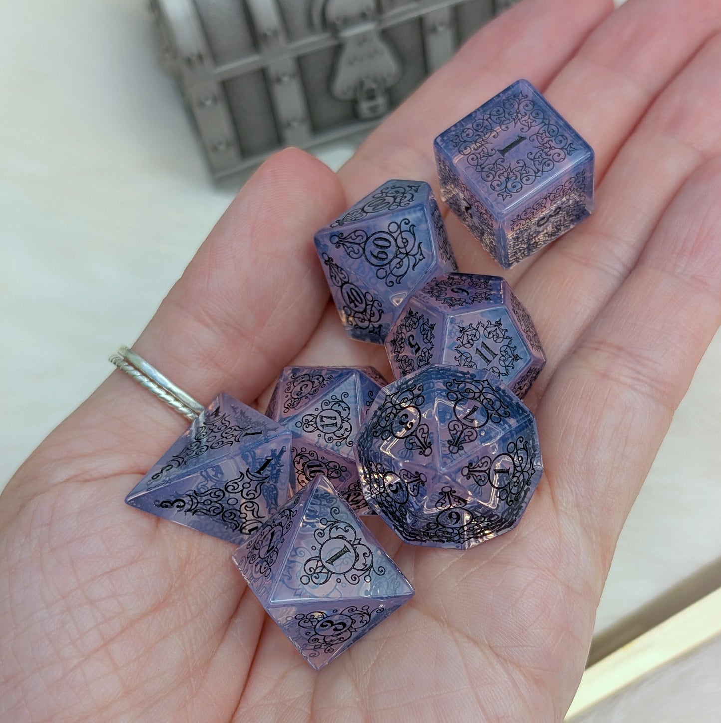 Garden Gate Purple Opalite Gemstone DnD Dice with Black Font | Fennek & Finch