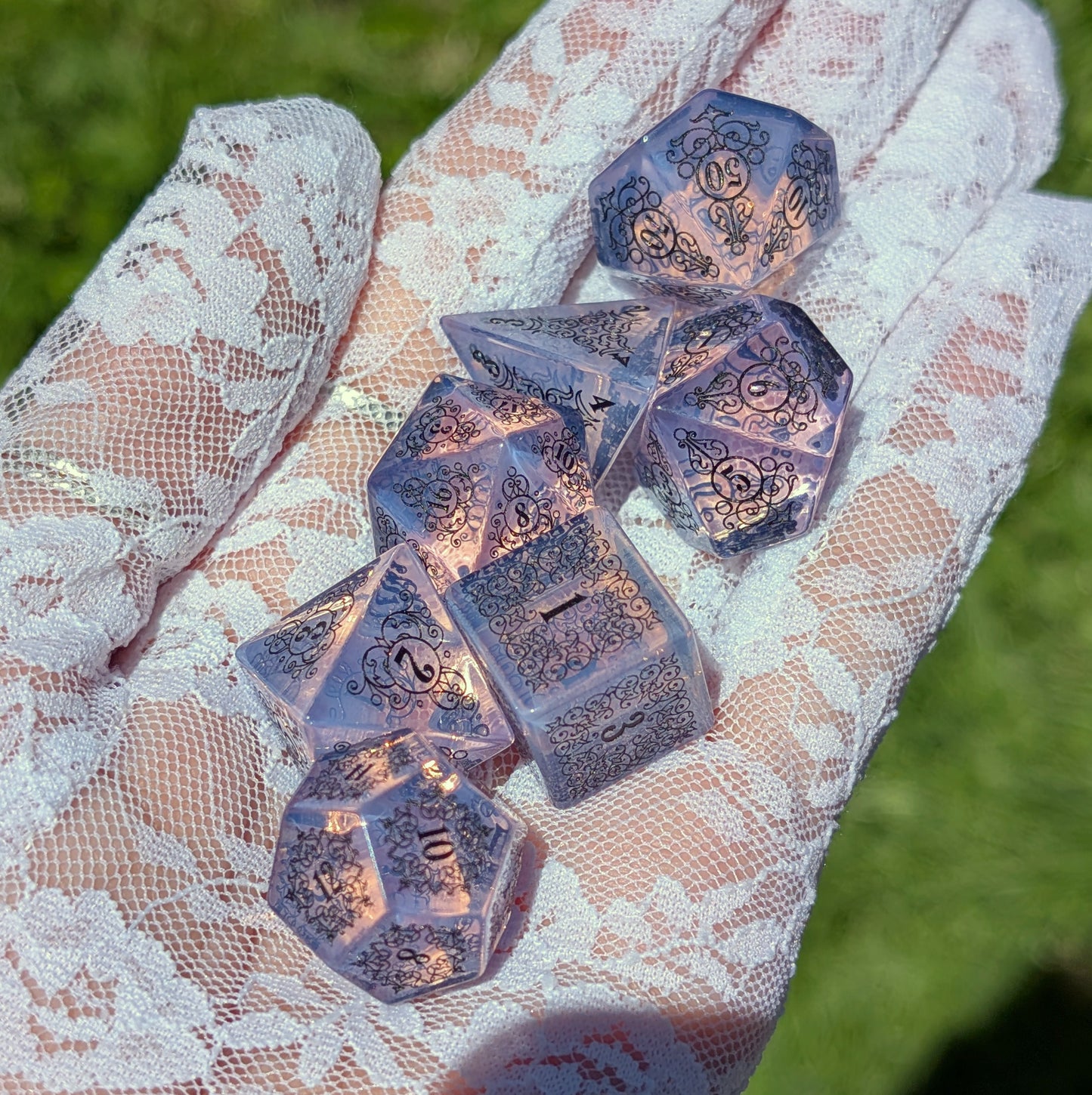Garden Gate Purple Opalite Gemstone DnD Dice with Black Font | Fennek & Finch