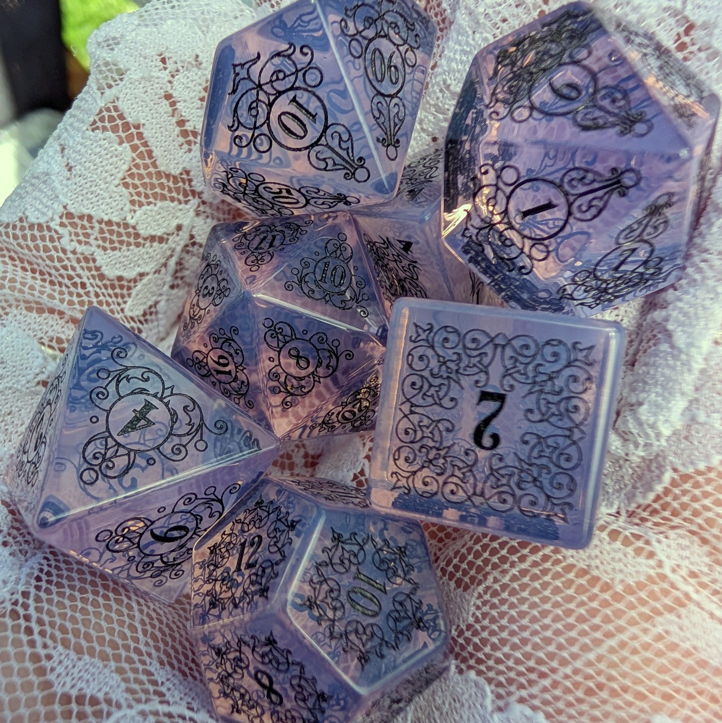 Garden Gate Purple Opalite Gemstone DnD Dice with Black Font | Fennek & Finch