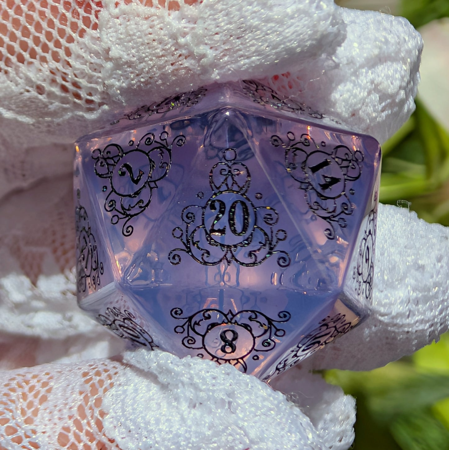 Garden Gate Purple Opalite Gemstone DnD Dice with Black Font | Fennek & Finch