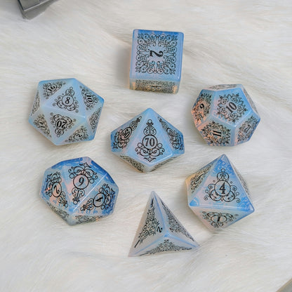 Garden Gate Opalite Gemstone DnD Dice with Black Font | Fennek & Finch