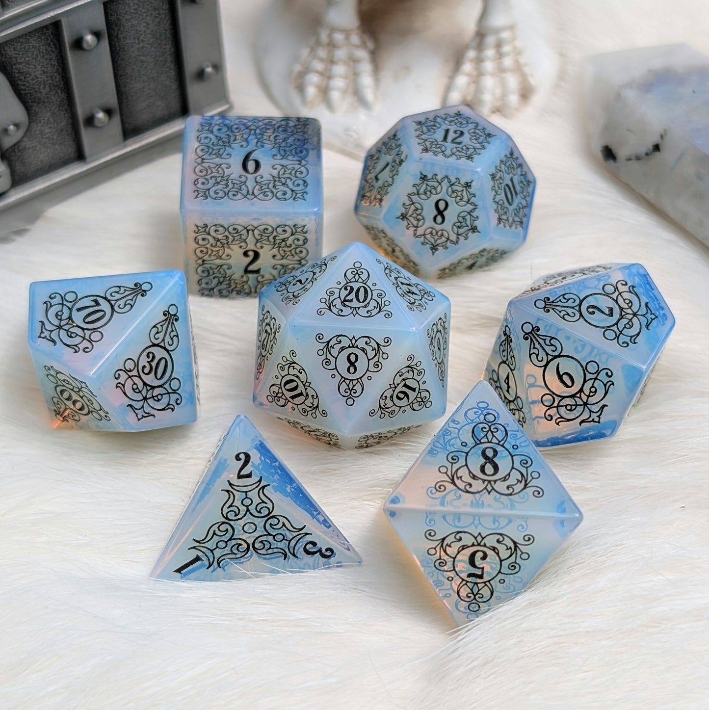 Garden Gate Opalite Gemstone DnD Dice with Black Font | Fennek & Finch