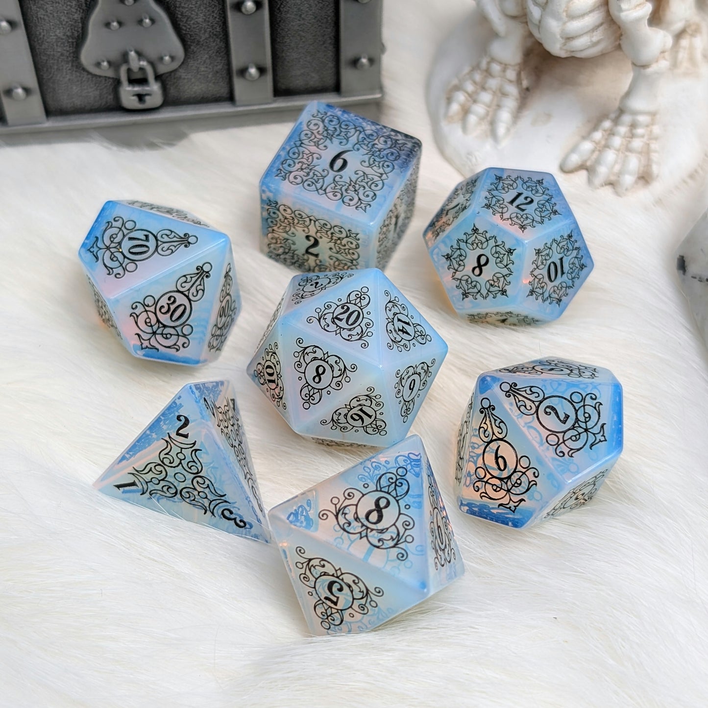 Garden Gate Opalite Gemstone DnD Dice with Black Font | Fennek & Finch