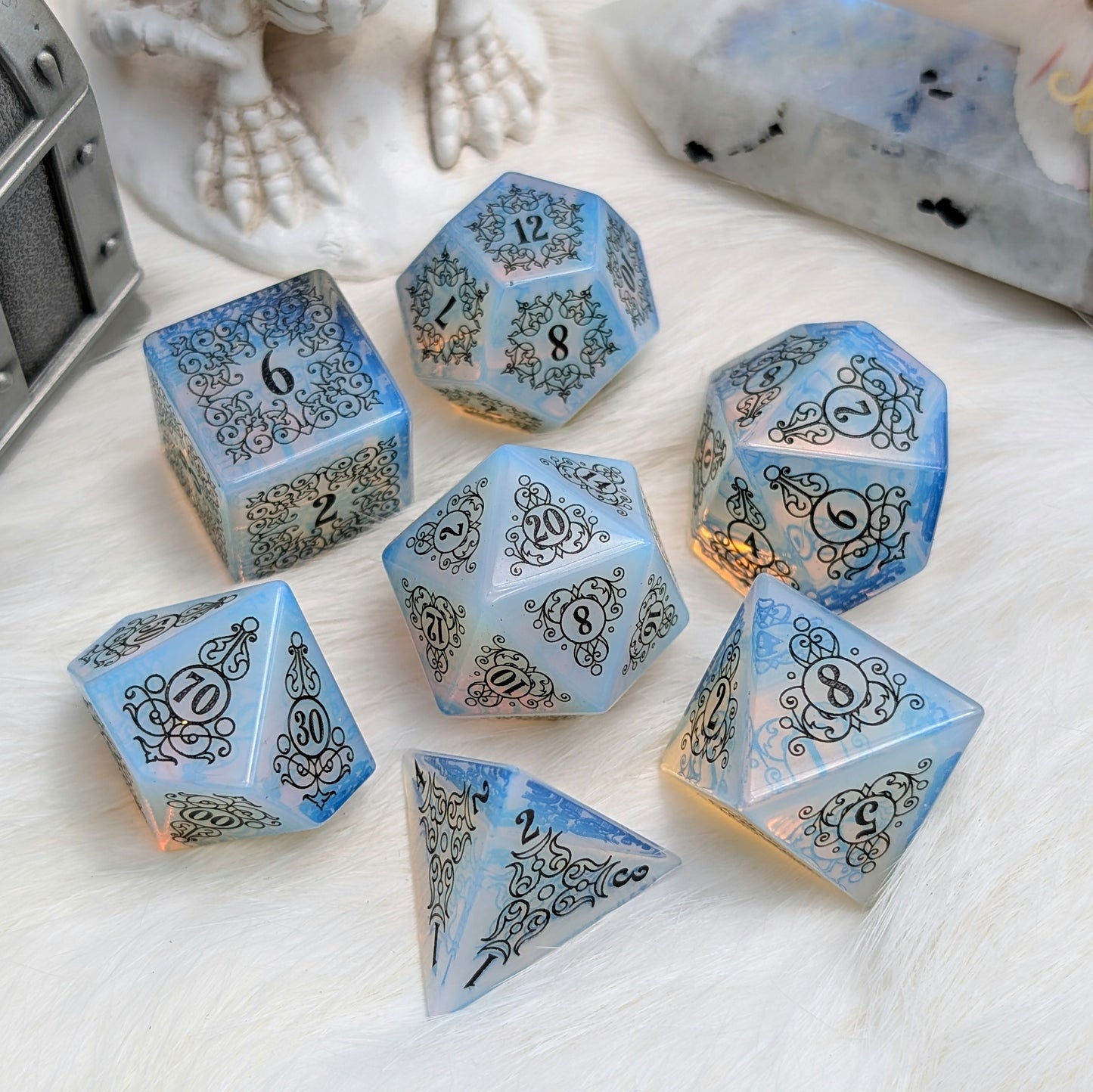 Garden Gate Opalite Gemstone DnD Dice with Black Font | Fennek & Finch